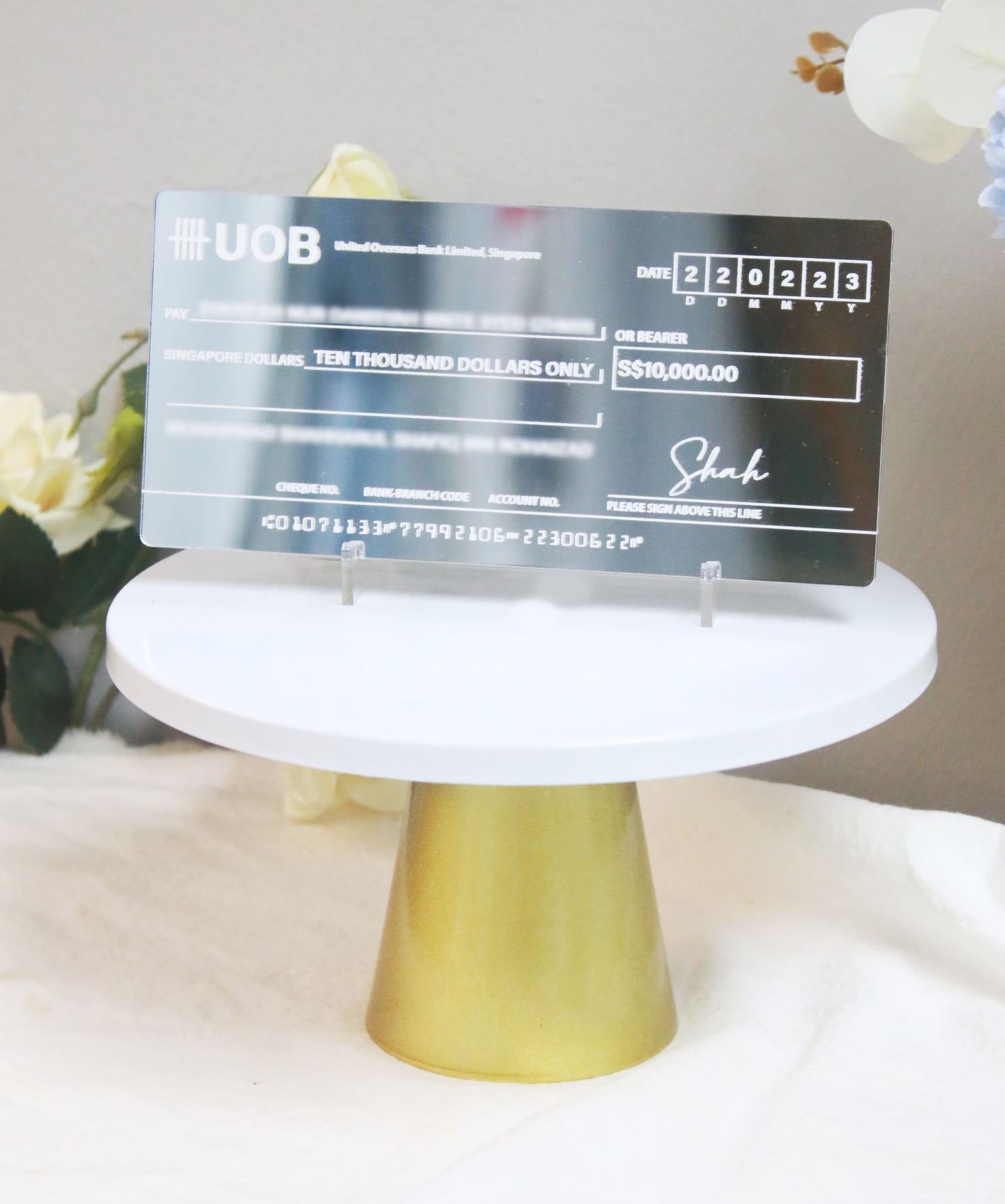 Silver Mirror (White Printed Text) Mock up Cheque