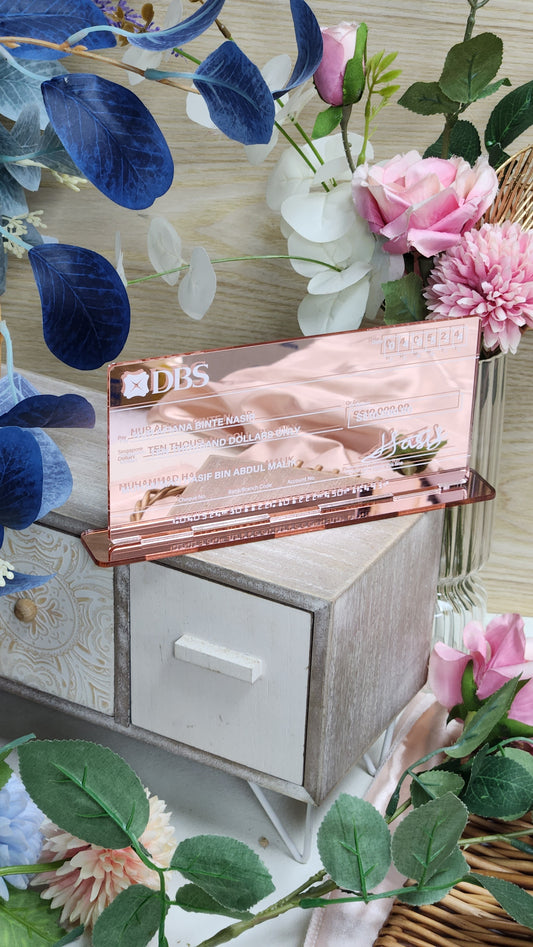 Self Standing Mock up Cheque - Pink Mirror Acrylic