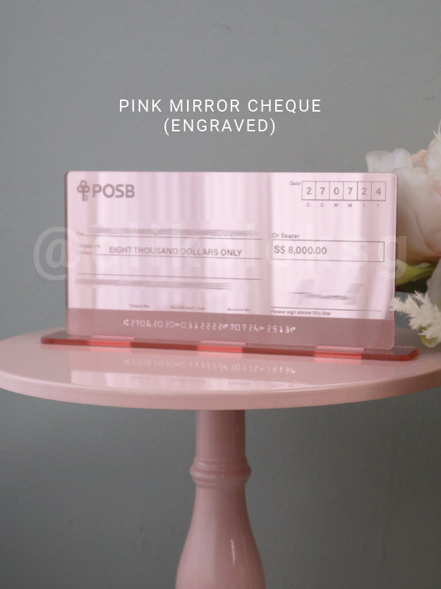 Self Standing Mock up Cheque - Pink Mirror Acrylic