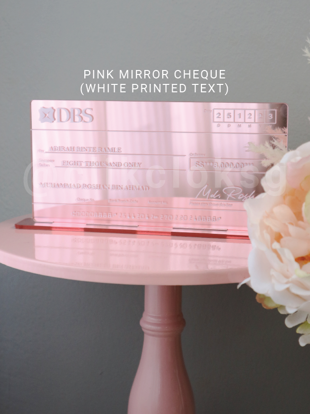 Self Standing Mock up Cheque - Pink Mirror Acrylic