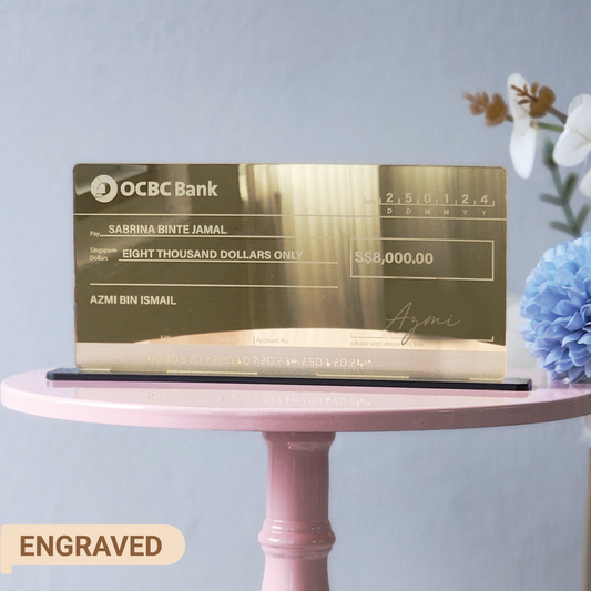 Self Standing Mock up Cheque - Gold Mirror Acrylic