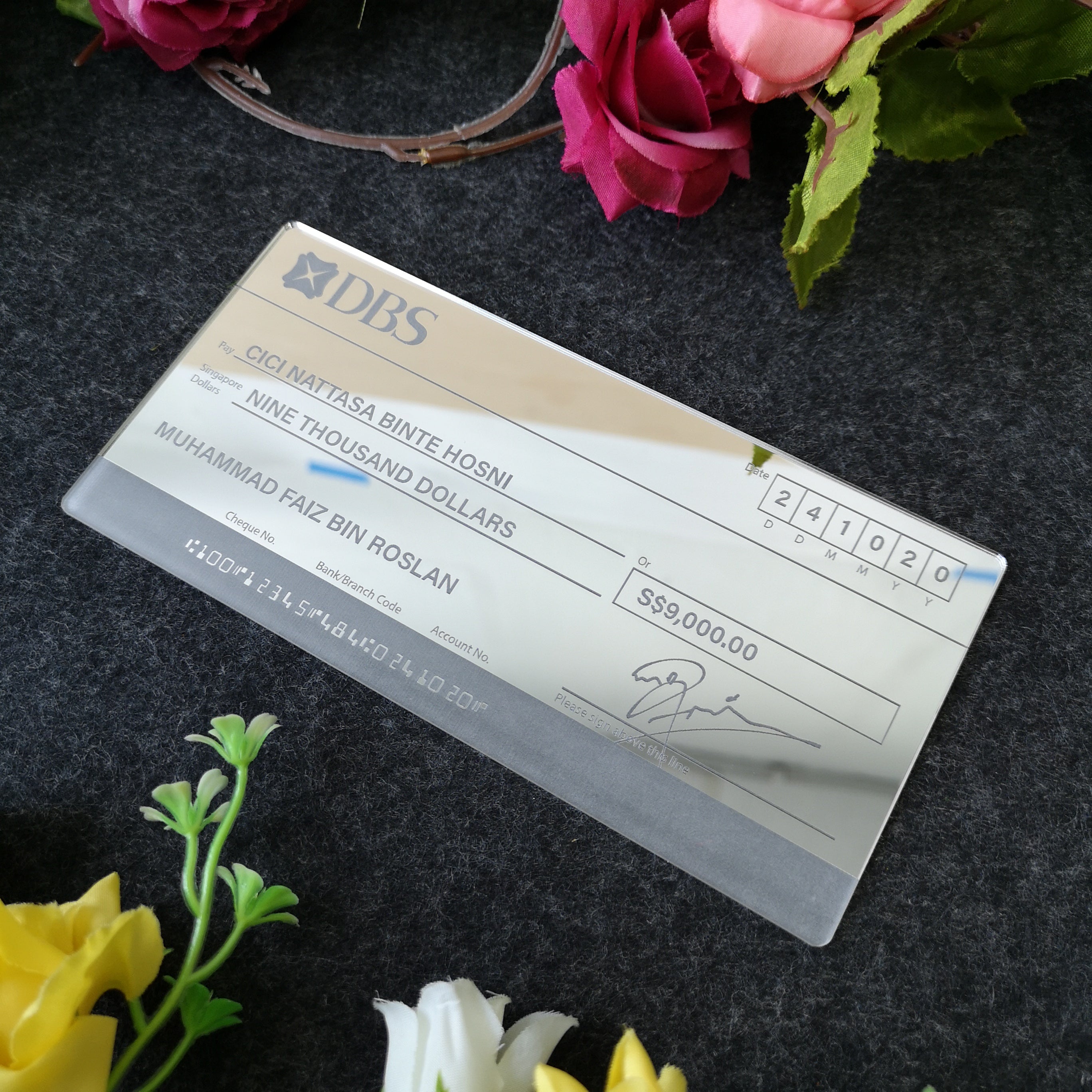 Silver Mirror Acrylic (Engraved) Mock up Cheque – Clik Clok