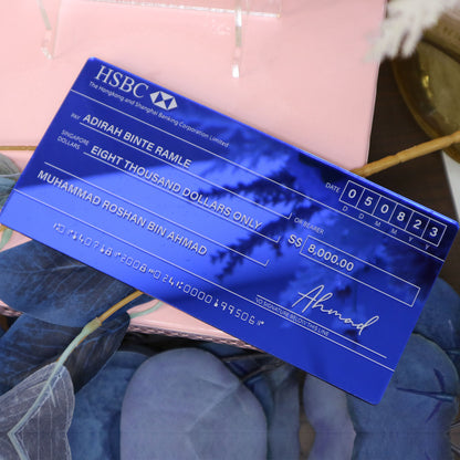 Blue Mirror (White Printed Text) Mock up Acrylic Cheque
