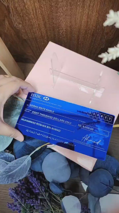 Blue Mirror (White Printed Text) Mock up Acrylic Cheque